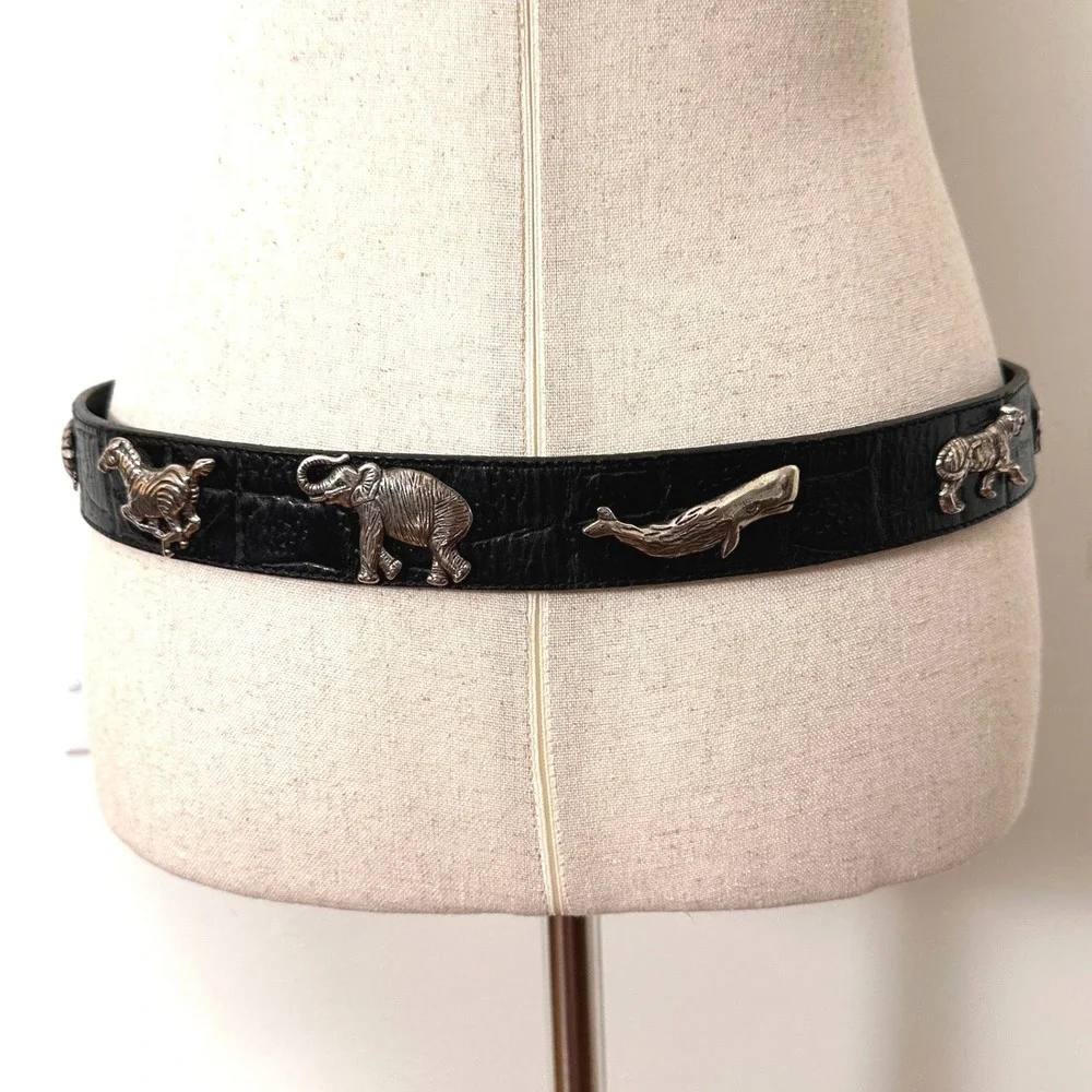 VTG 90s Honest Safari Animal Concho Leather Belt Black Croc Embossed Silver 32